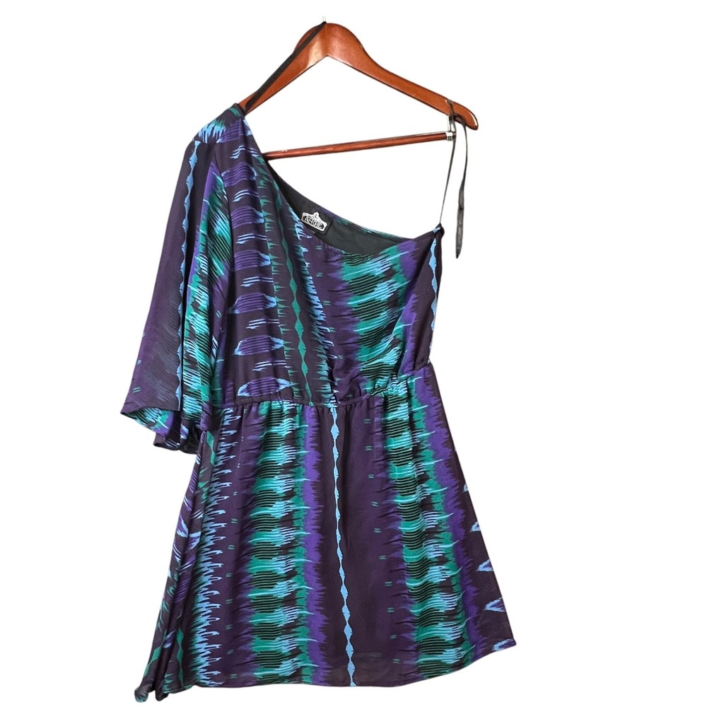 Angie One Shoulder Dress Purple Blue Green Flutter Sleeve Print Party Cocktail L